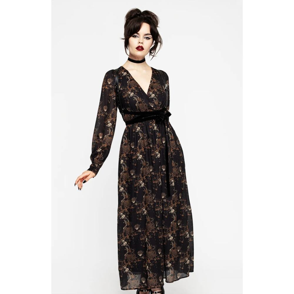 Disturbia Underworld Chiffon Gathered Maxi Dress Size 12 Black Skulls Goth Emo